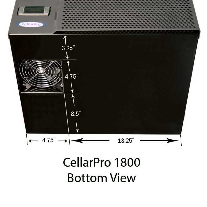 CellarPro 1800 cooling unit bottom view with dimension callouts