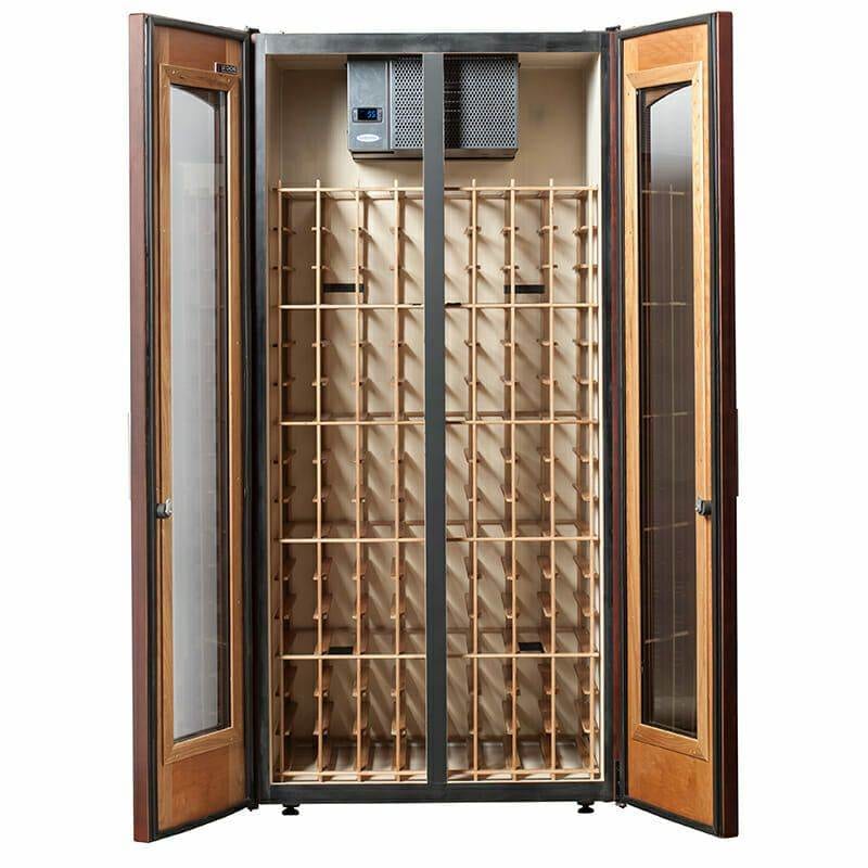 Le Cache 2400 classic wine cabinet interior with cooling unit and racking shown open