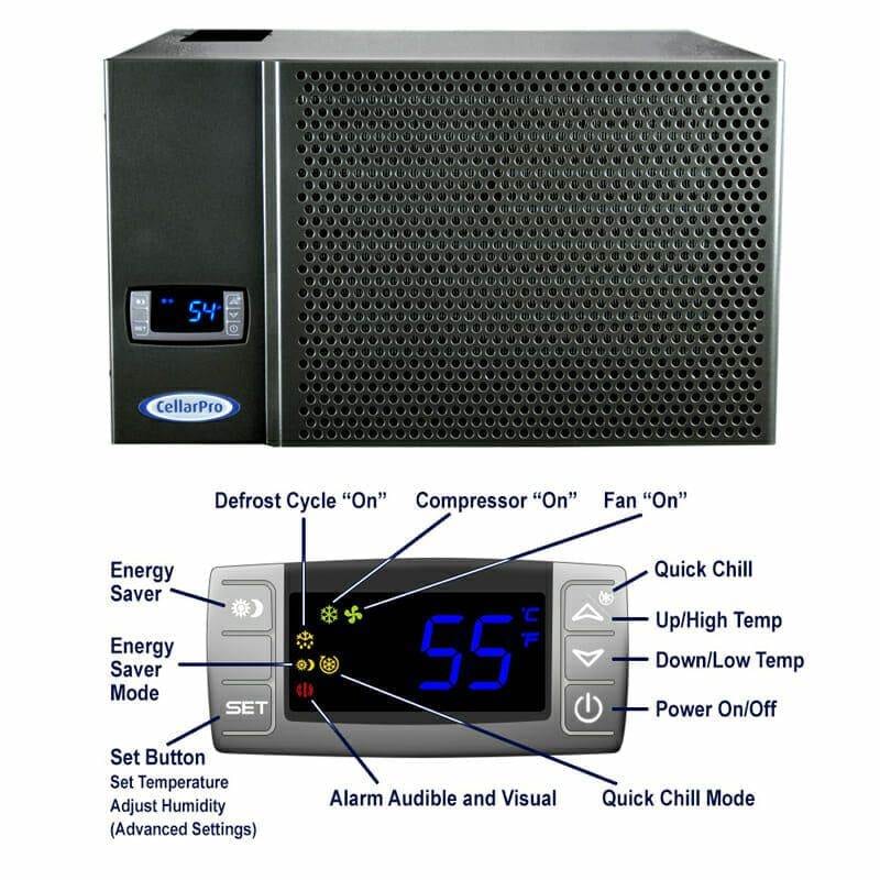 CellarPro cooling unit product photo with labeled control panel diagram
