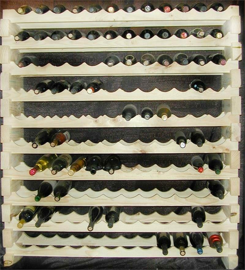 Modularack wooden wine rack loaded with bottles, angled view