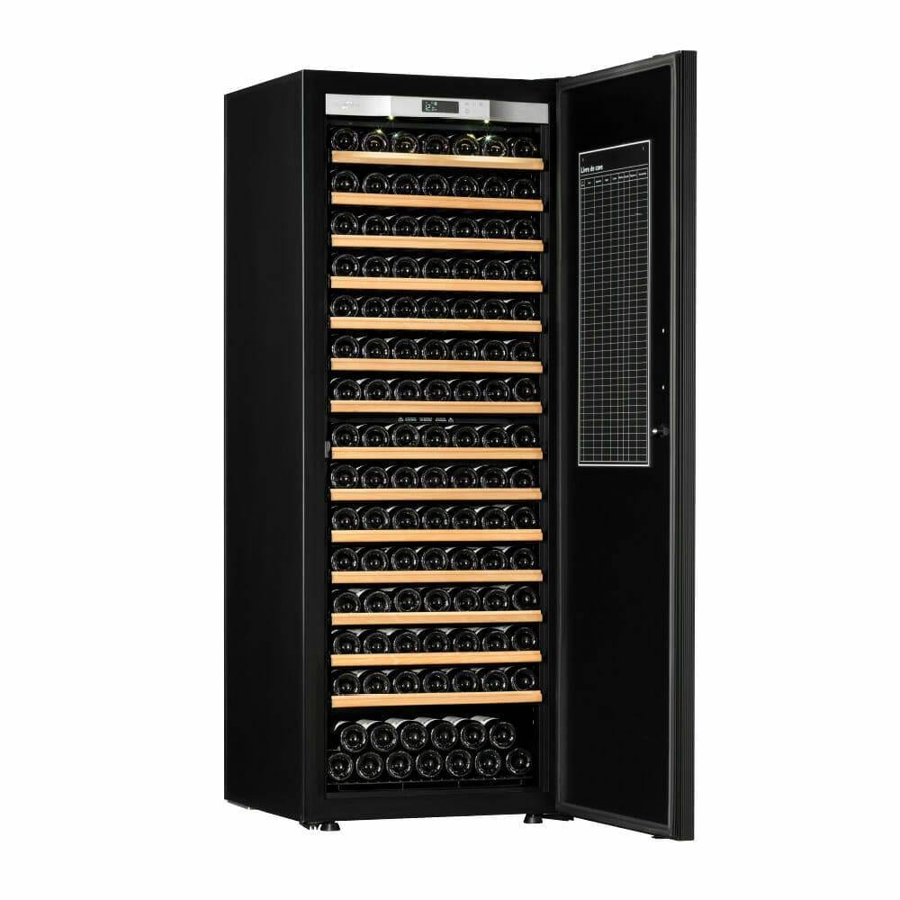 Transtherm Ermitage Prestige cabinet with door open showing full bottle shelves