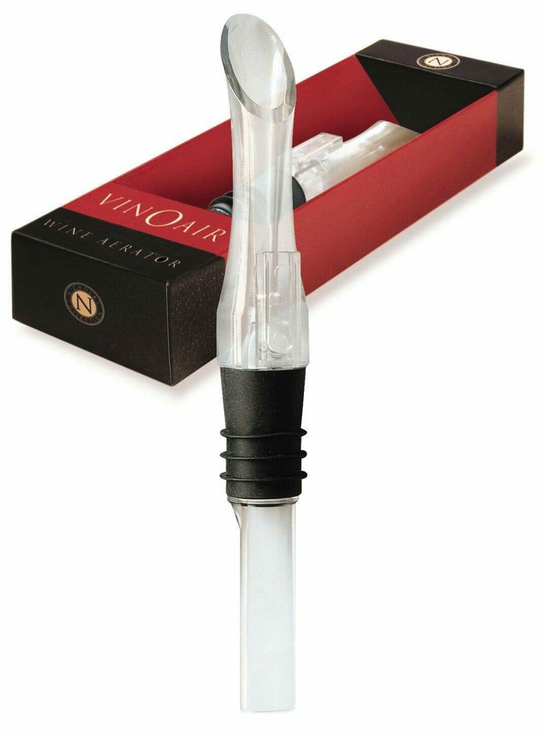 VinOair wine aerator in black and red retail box beside the device