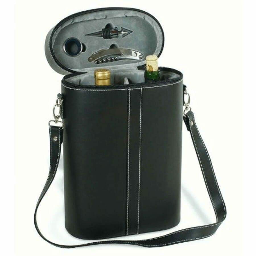 Two-bottle leather wine travel case open showing glasses and a corkscrew
