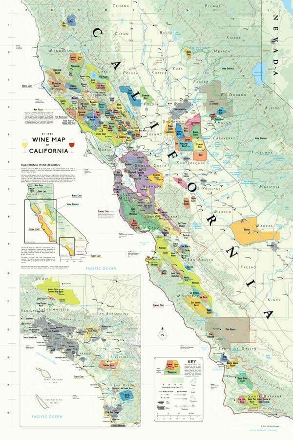 Illustrated wine map of California, portrait crop showing AVA regions