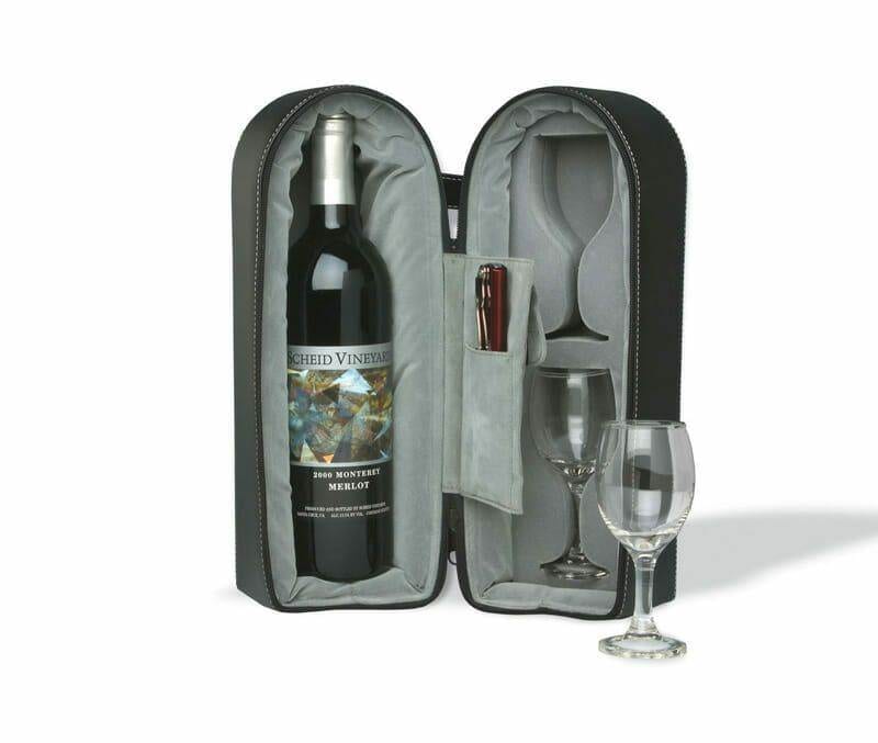Open leather wine case with a merlot bottle and two wine glasses