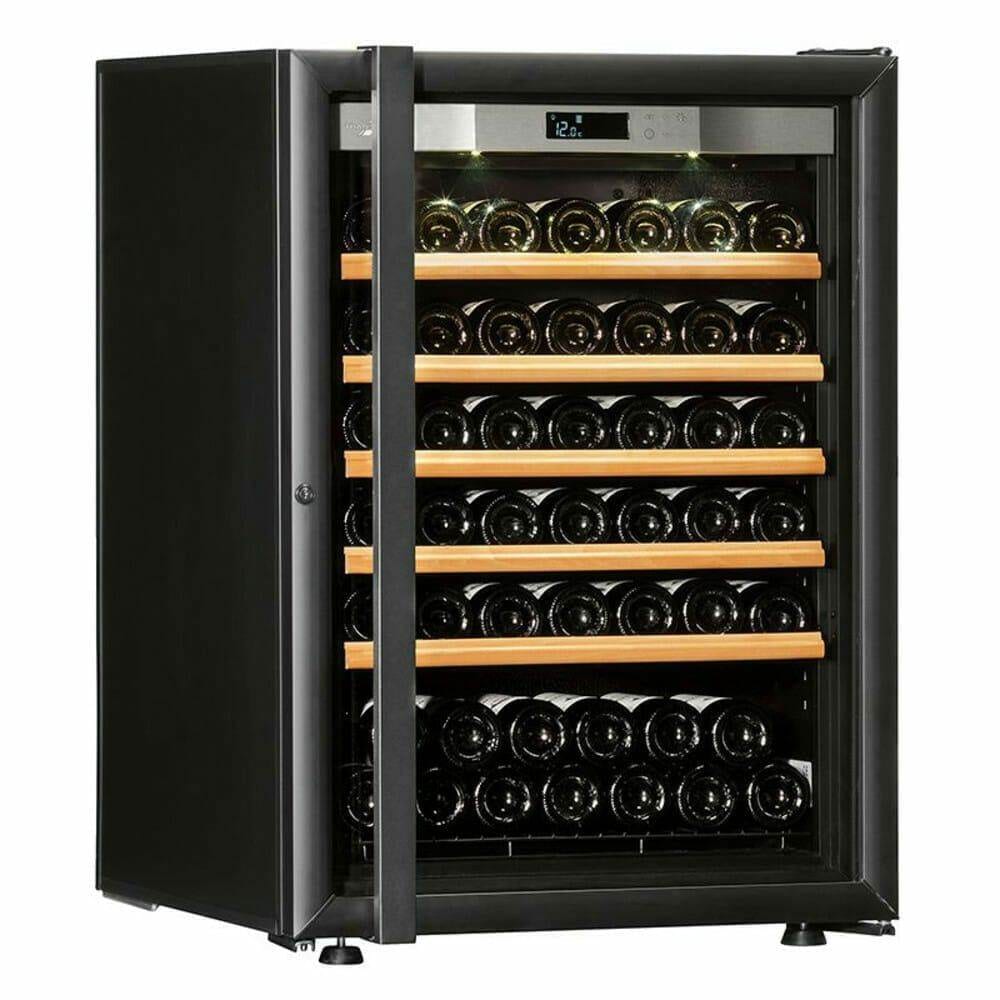 Transtherm Loft black glass wine cabinet with door open on white background