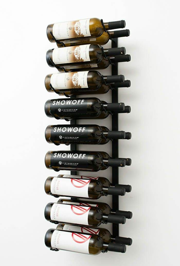 VintageView W Series black metal rack holding 18 wine bottles