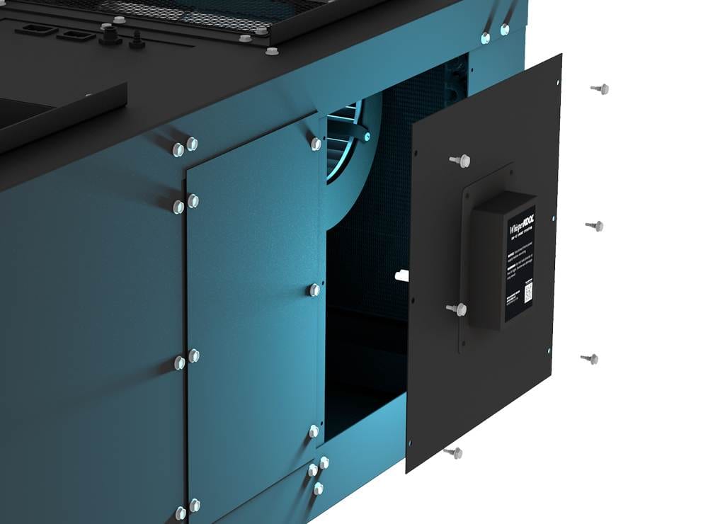 WhisperKOOL Phantom cooling unit access panel with exposed fan and screws