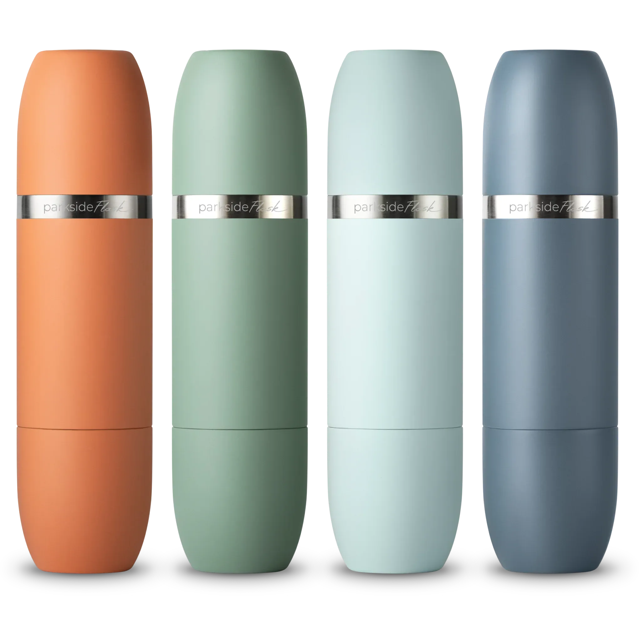 Four High Camp Parkside Flask sets in orange, sage, mint and blue finishes