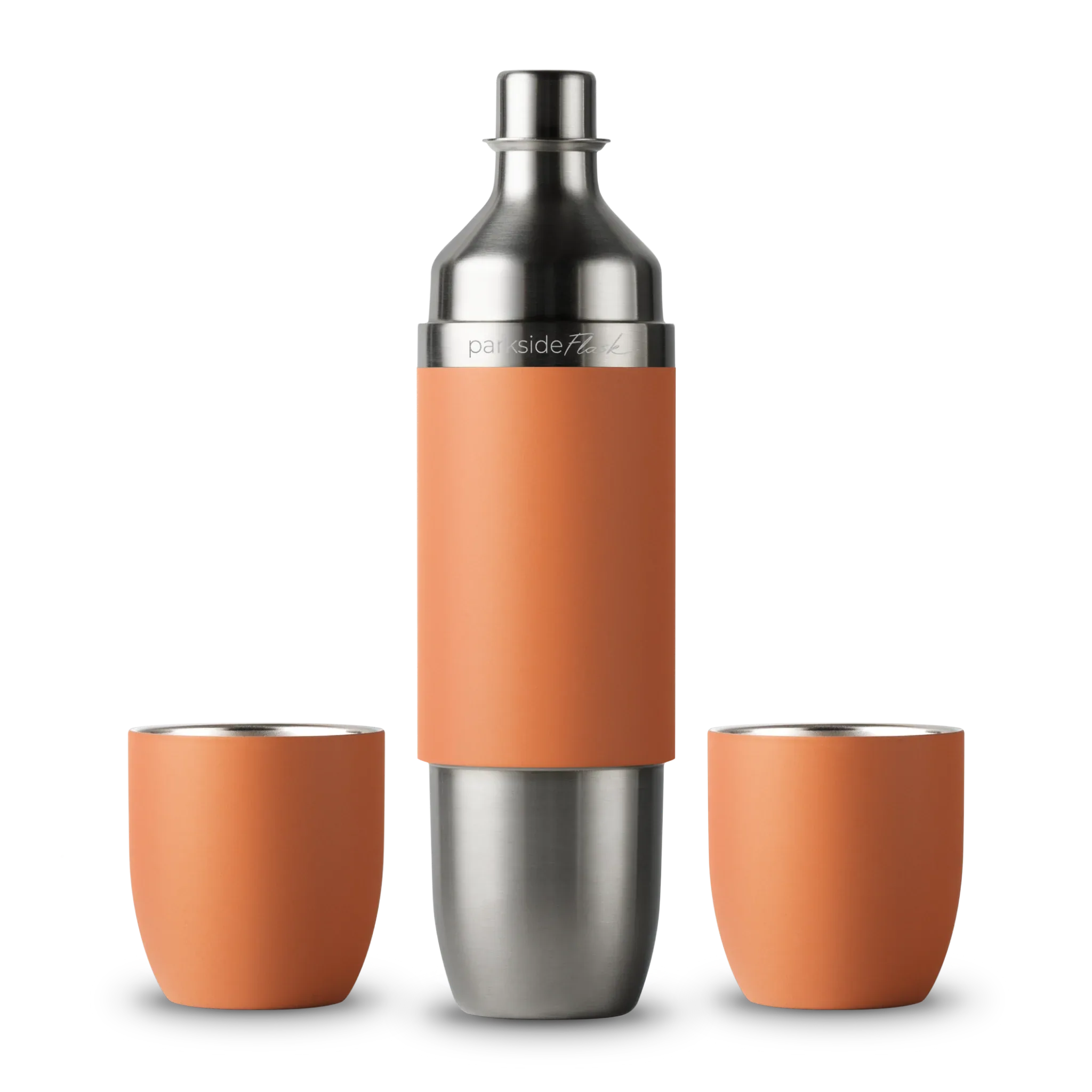 High Camp Parkside Flask shaker with ember-orange tumblers on white