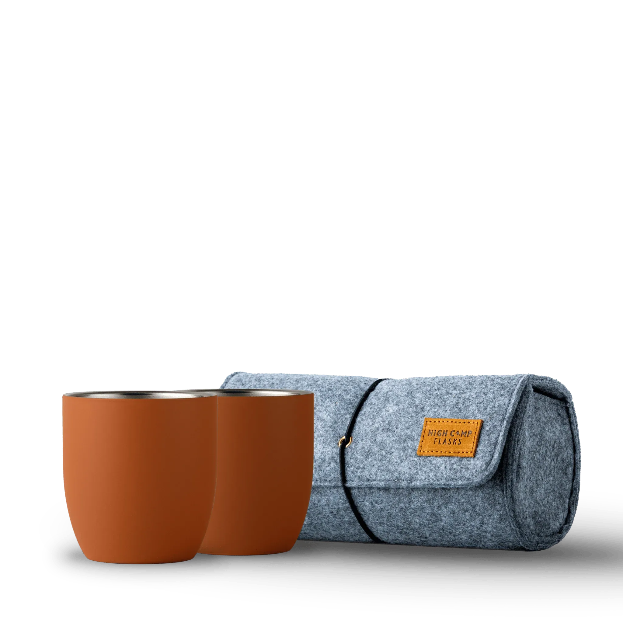 High Camp Parkside insulated tumblers in ember orange with gray felt travel case