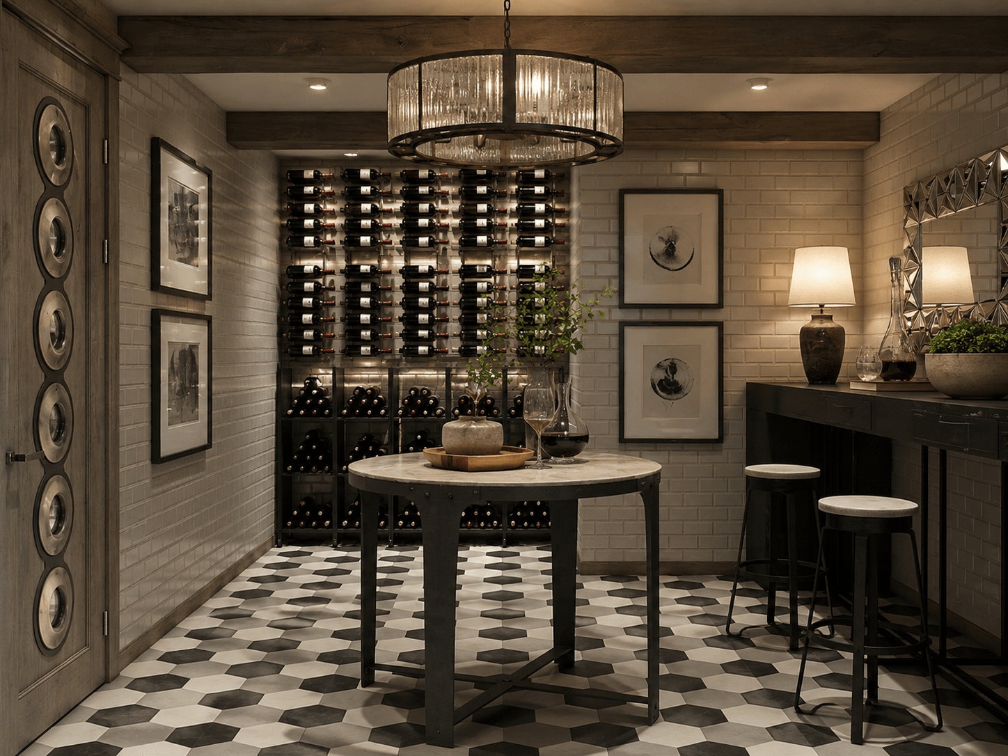 A private tasting room with a backlit label-forward wine wall, a round marble table holding a decanter and a poured glass of red, and two stools at a dark console.